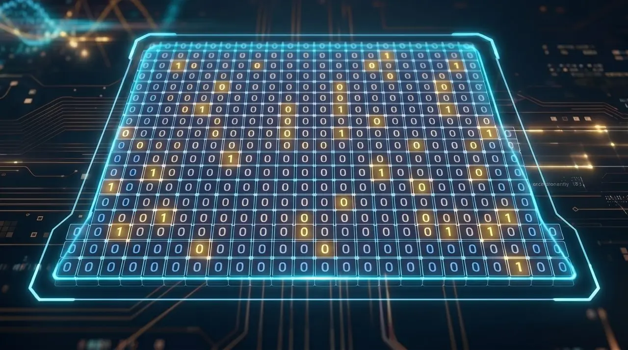 A glowing lattice of binary cells above a circuit board