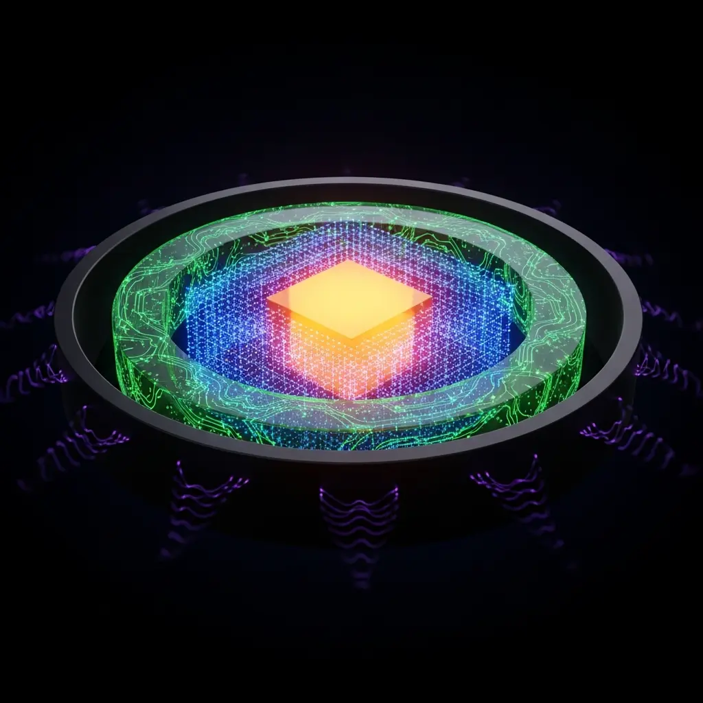 Logical qubit core protected by layered stabilizer shields, error ripples absorbed at outer boundary, central state glowing steadily with high coherence