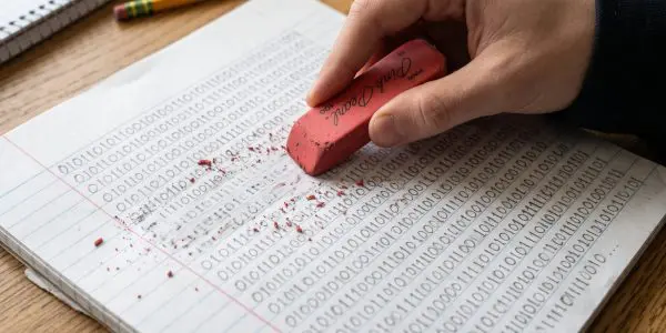 A hand erasing pencilled binary digits from a notepad