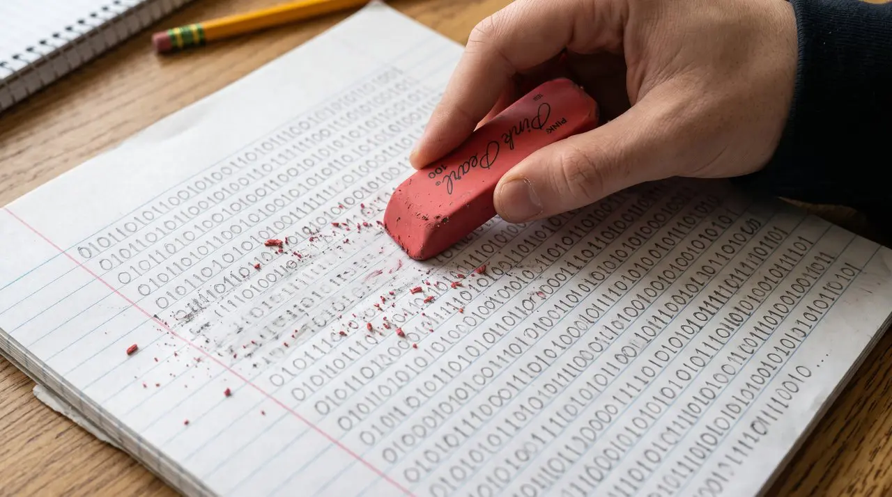 A hand erasing pencilled binary digits from a notepad