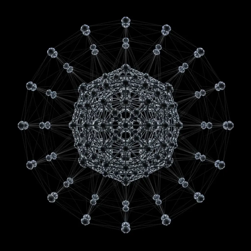 Structured logical qubit lattice surrounded by evenly spaced stabilizer nodes, overhead resources appearing constant and symmetric