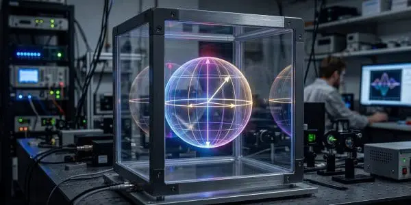 A qubit chip with a glowing core