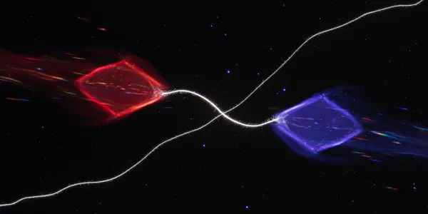 A dark cosmic scene features two glowing, fractured diamond-like shapes connected by a bright, winding line, in red and blue.