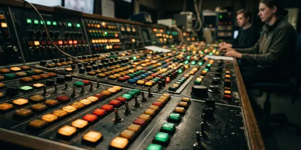 Two operators at a long lit control panel