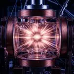 A complex metallic apparatus glows with intense pink and purple light within a darkened laboratory setting.