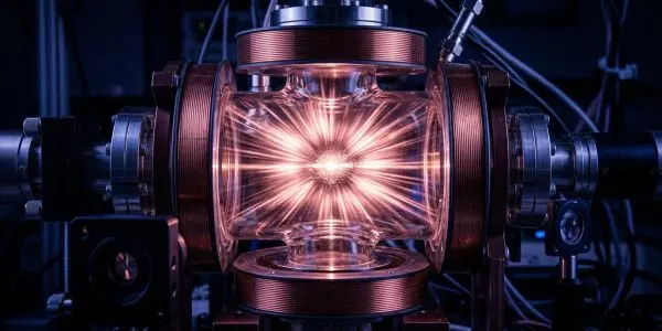 A complex metallic apparatus glows with intense pink and purple light within a darkened laboratory setting.
