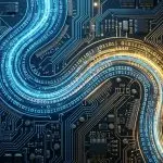 Two curving bands of blue and gold binary digits wind across a dark circuit board seen from above