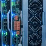 Blade server boards with blue and green status lights beside a column of cooling fans
