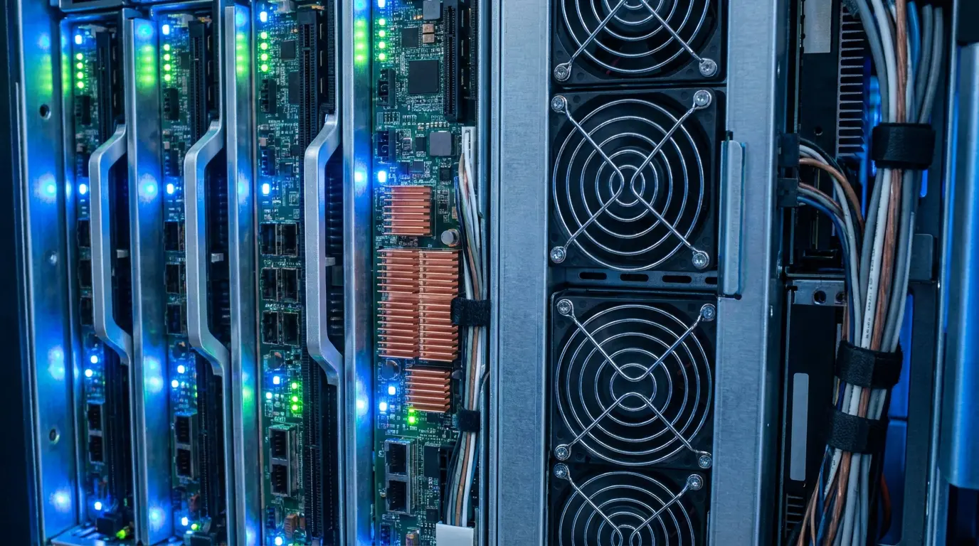 Blade server boards with blue and green status lights beside a column of cooling fans