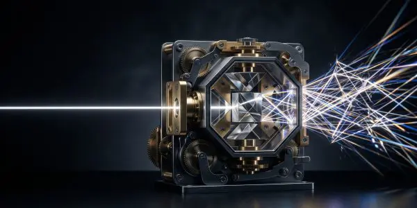 Single white beam entering a geared metal box with a crystal core and leaving as scattered rays