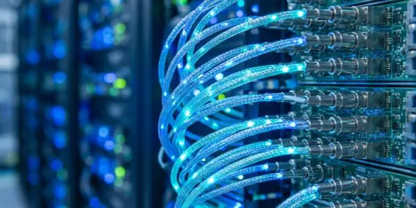 Glowing blue fibre optic patch cables plugged into a server switch with blurred racks behind