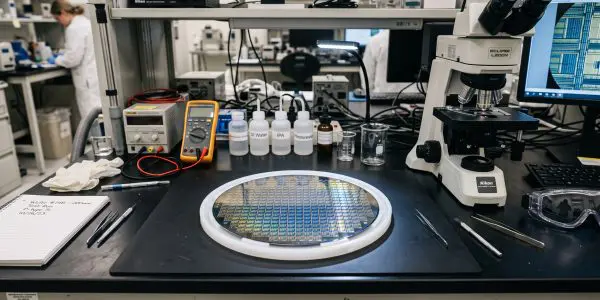 A silicon wafer on a bench beside a microscope