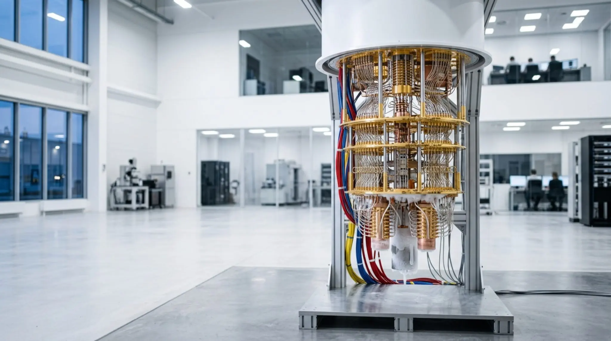 A gold-wired dilution refrigerator standing uncovered on the floor of a bright open laboratory