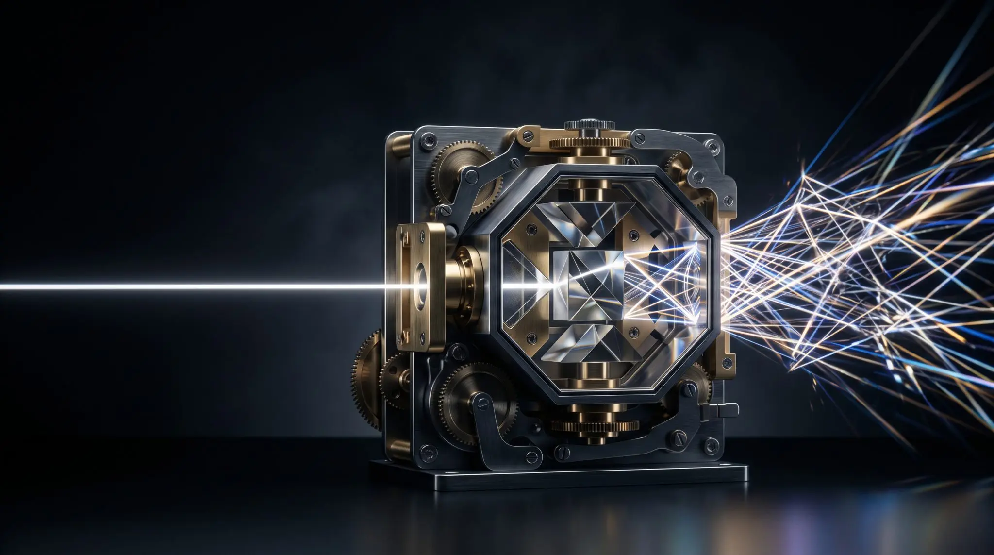 Single white beam entering a geared metal box with a crystal core and leaving as scattered rays
