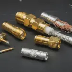 Disassembled RF connectors and coaxial cable components are arranged on a dark, textured surface, illuminated by bright, focused light.