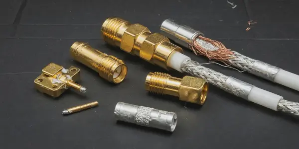 Disassembled RF connectors and coaxial cable components are arranged on a dark, textured surface, illuminated by bright, focused light.