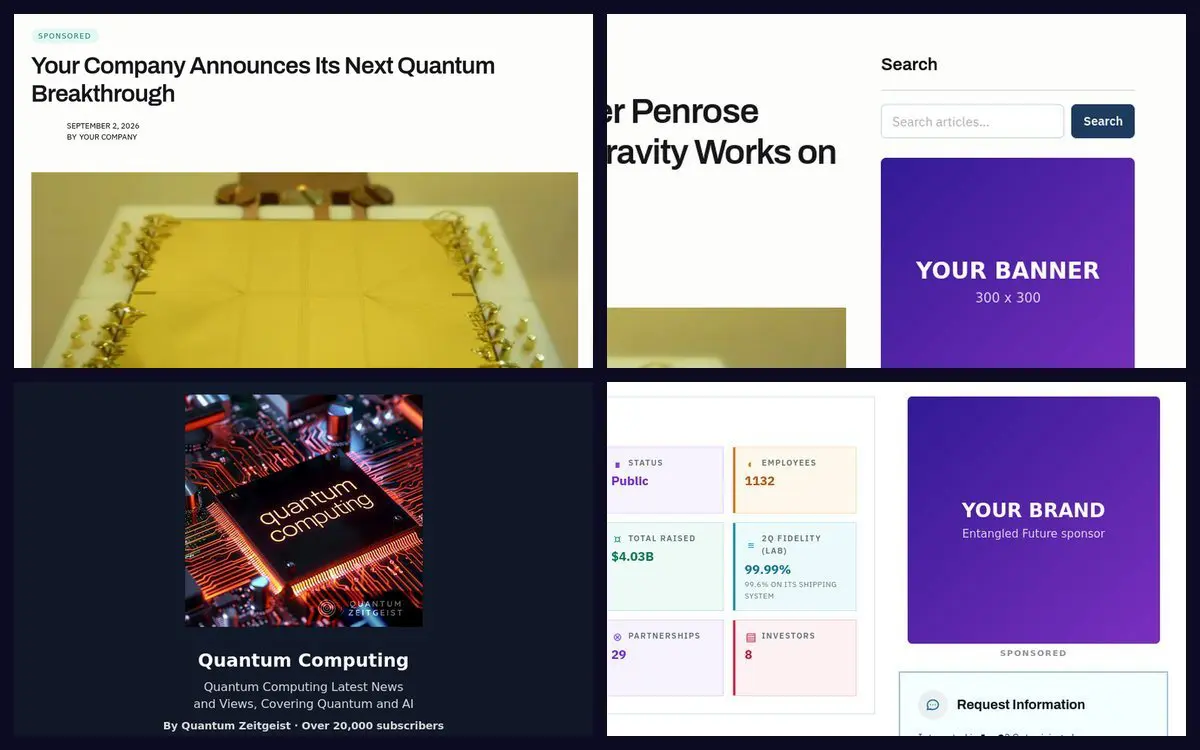 Advertise With Quantum Zeitgeist The four placements in a launch package: article, banner, newsletter and Entangled Future