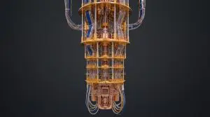 A gold cryostat hanging against dark grey, the chip mount visible at its base