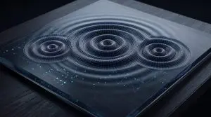 A digitally rendered square surface displays concentric wave patterns with glowing blue lines, set against a dark wooden background.