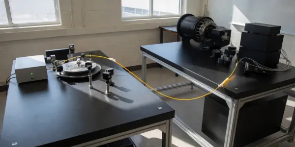 A brightly lit laboratory features black tables with complex optical equipment, connected by yellow cables, against a white wall.