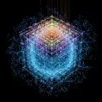 Neural network core extracting layered geometric features from raw data cloud, refined structured patterns emerging cleanly