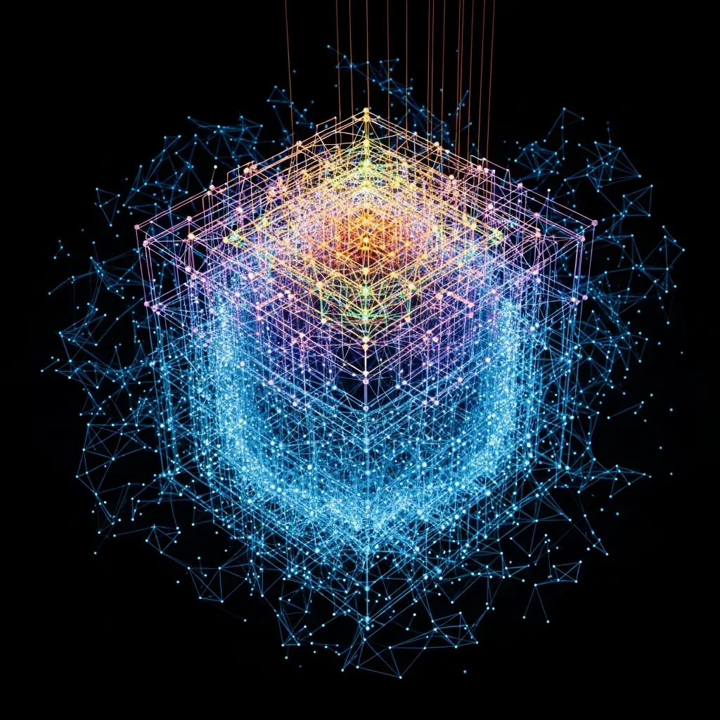 Neural network core extracting layered geometric features from raw data cloud, refined structured patterns emerging cleanly