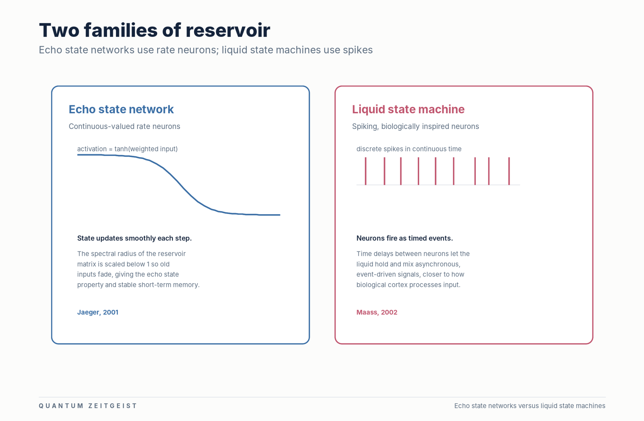 Reservoir computing families, echo state networks and liquid state machines compared