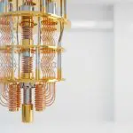 A gold quantum computer chandelier in a bright lab