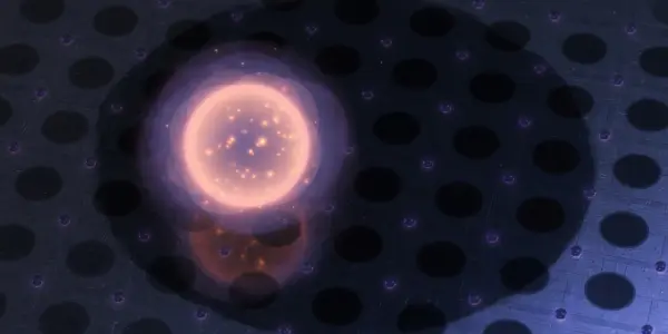 A glowing, textured sphere sits within a dark, perforated surface, illuminated by purple and orange light.