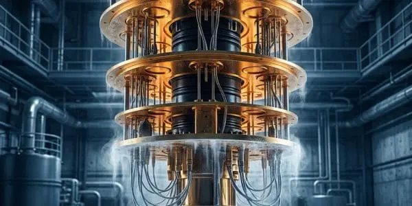 Dilution refrigerator cradling a layered quantum processor