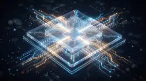 A processor die traced in light