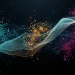 Three coloured clusters of points connected by a flowing ribbon through a dark space