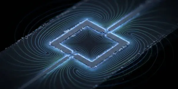 A square superconducting loop on a chip with field contours curving around it