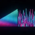 A vibrant, neon light installation of vertical bars rises from darkness, blending turquoise, magenta, and electric blue