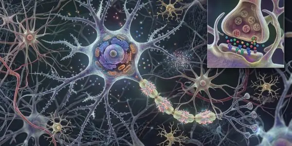 A network of neurons in shades of blue, pink, and purple glows against a dark background, with a detailed synapse inset