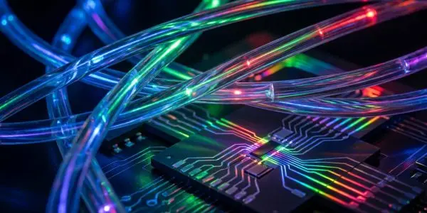 A circuit board is overlaid with brightly lit fibre optic cables, creating a futuristic, high-tech aesthetic in dark surroundings.