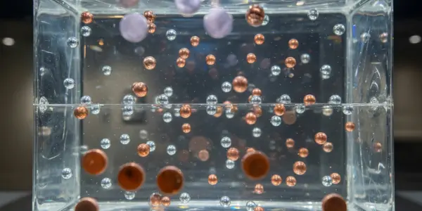 A transparent cube filled with colourful spheres suspended in clear liquid, set against a dark background, creating a vibrant display.