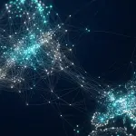 A network of glowing nodes and connecting lines spans a dark blue background, creating a futuristic, digital landscape