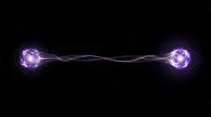 This abstract artwork features glowing purple energy connecting two spherical forms against a stark black background.