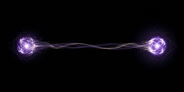 This abstract artwork features glowing purple energy connecting two spherical forms against a stark black background.