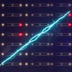 A dark, cosmic scene features rows of glowing nodes connected by lines, bisected by a bright, jagged blue electrical arc.