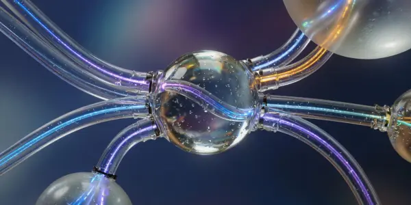 A complex, glowing neural network of spheres and tubes against a dark blue background, featuring iridescent colours.