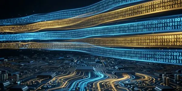 Horizontal ribbons of blue and gold binary digits stream above a dark circuit board with glowing traces