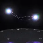 A dark, futuristic laboratory setting features a circular platform with glowing purple elements and bright, sparking electrical arcs between two points.
