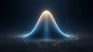 A luminous, curved structure dominates the dark space, radiating outwards with a bright golden core and blue lines.