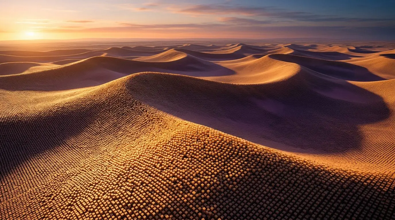 Rolling sand dunes stretch towards a golden sunset, creating a warm and expansive desert landscape