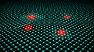 A stylized representation shows a graphene lattice with red dots indicating energy levels on a dark background.