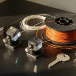 A dark lab bench holds optical components, a spool of fibre, a key, and electronics, illuminated by warm light.