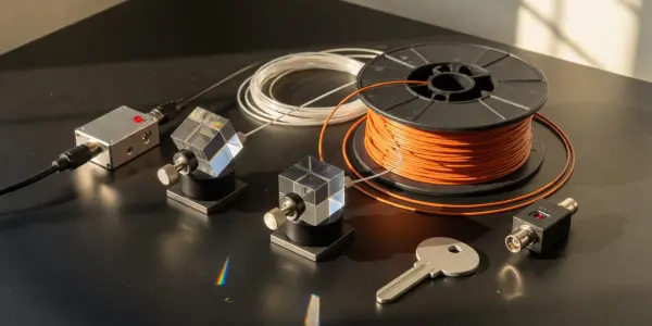 A dark lab bench holds optical components, a spool of fibre, a key, and electronics, illuminated by warm light.