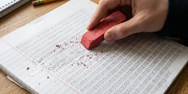 A hand erasing pencilled binary digits from a notepad